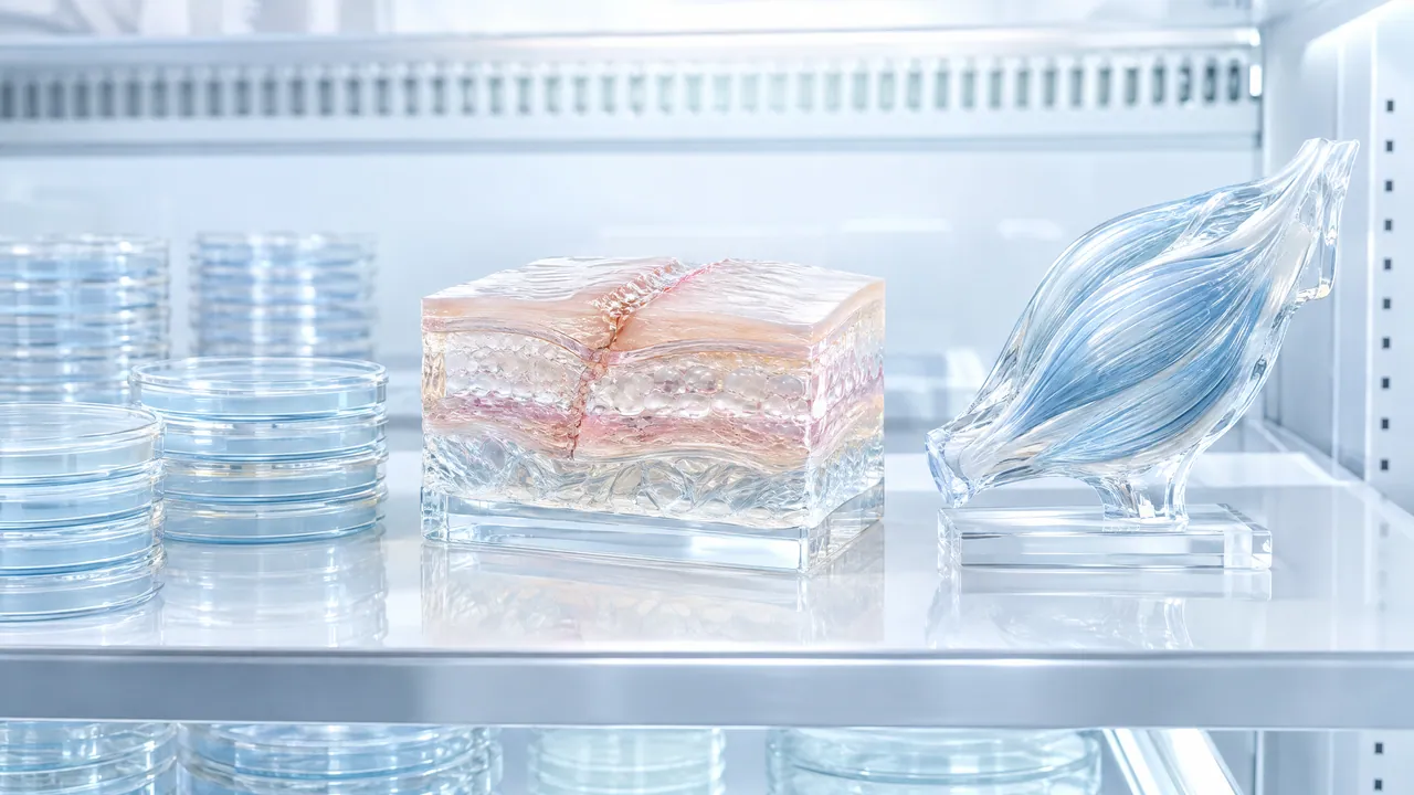 Glass block with skin layers and a glass muscle on a bright lab shelf, stacked Petri dishes beside them