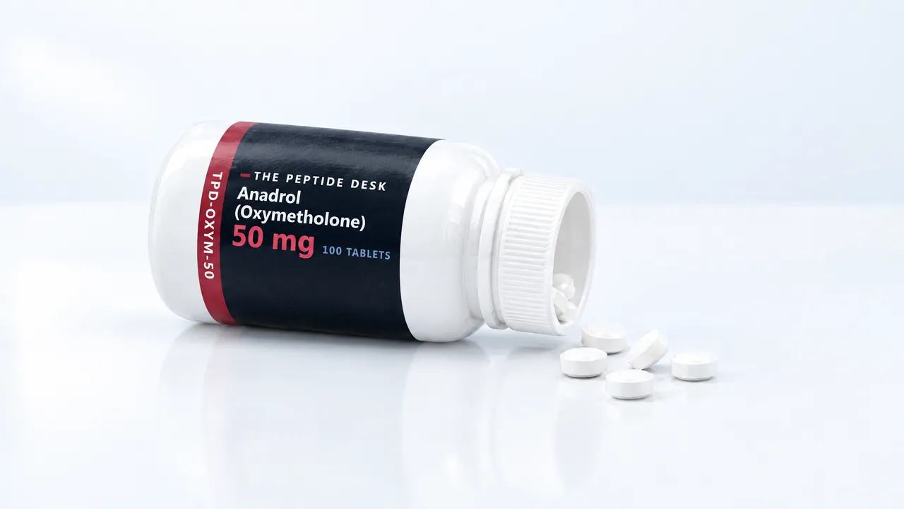White tablet bottle lying on its side with a black TPD label for Anadrol (Oxymetholone), a few white tablets next to it on a bright surface