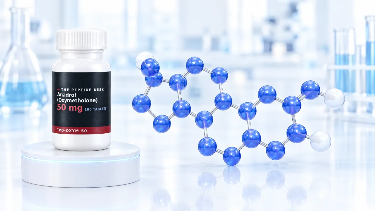 White tablet bottle with a black TPD label for Anadrol (Oxymetholone) on a white podium, next to it a large blue 3D steroid molecule in a bright lab