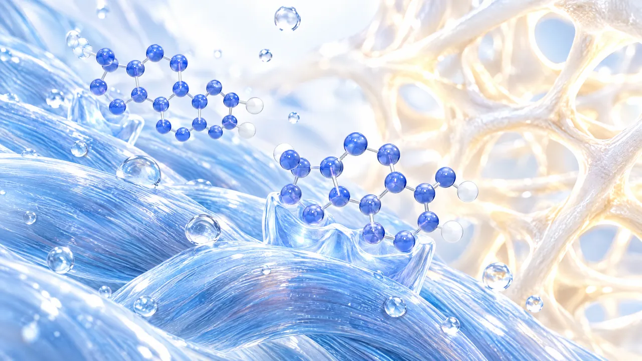 Two blue steroid molecules docking onto glossy glass muscle fibres, a brightly glowing bone structure in the background