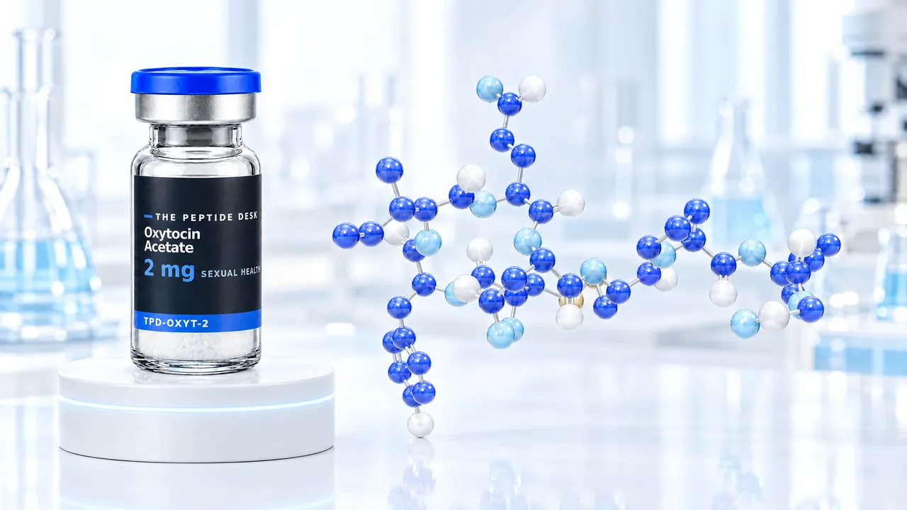 Vial with white powder, a blue cap and a black TPD label for Oxytocin Acetate on a white podium, next to it a chain of blue and white glass spheres as a molecule model in a bright lab