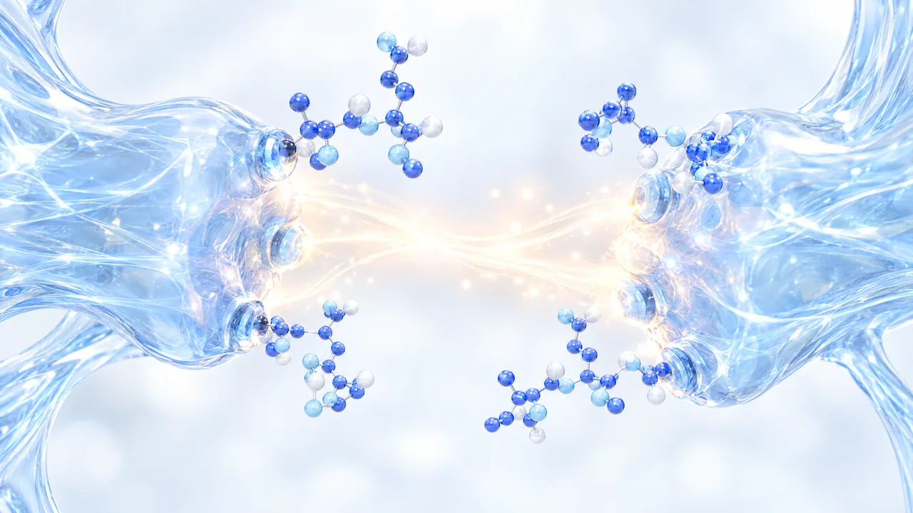 Two glass nerve endings facing each other, blue molecules docking on both, a warm glowing bridge of light between them