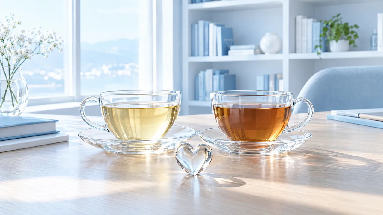 Two glass teacups with light and dark tea and a small glass heart on a wooden table, a bookshelf in window light behind them