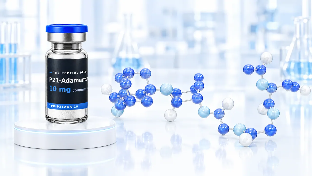Vial with white powder, a blue cap and a black TPD label for P21-Adamantane on a white podium, next to it a molecule chain of blue and white glass spheres with a compact ring group at one end in a bright lab