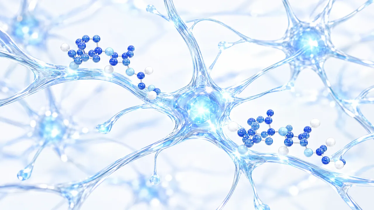 Glowing network of glass nerve cells, small blue molecules resting on two branches