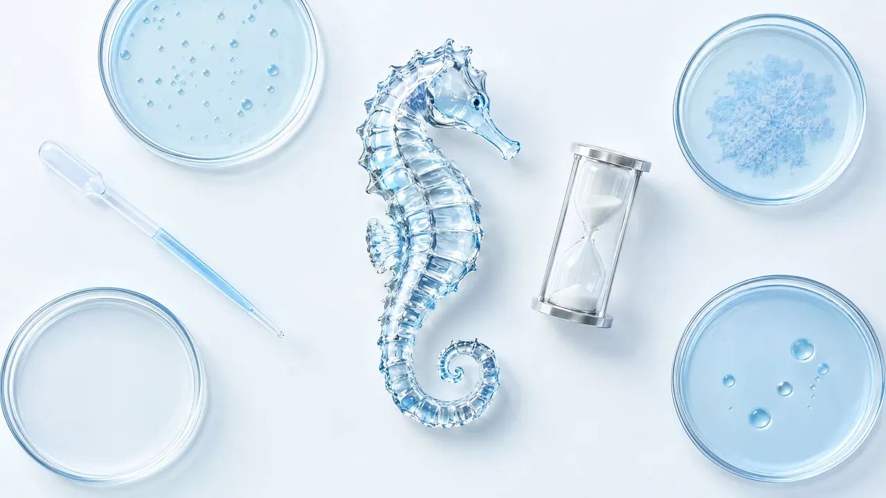 Top view of petri dishes, a pipette and a small hourglass around a glass seahorse