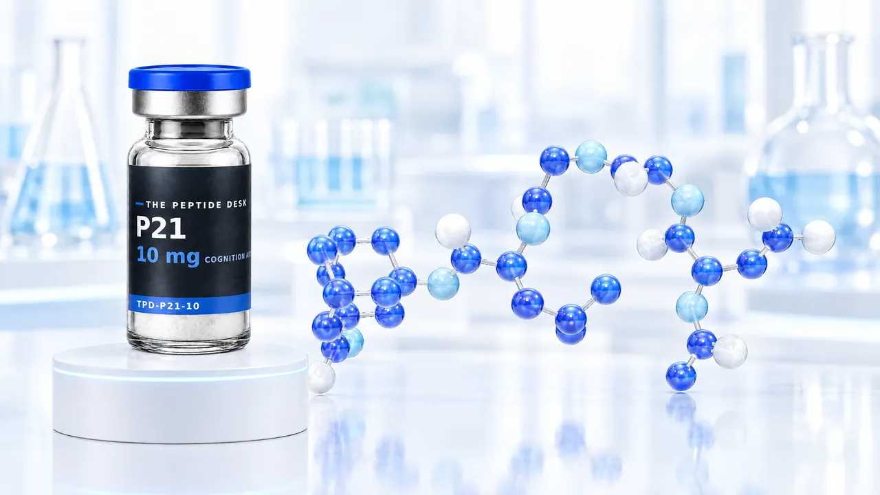 P21 vial with white powder and the black TPD label on a white podium, next to a blue 3D molecule model in a bright lab