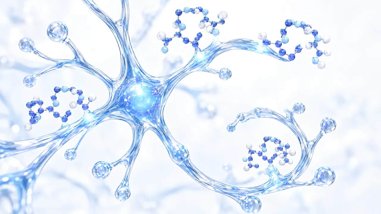 Glass nerve cell with a glowing core and branching extensions, blue 3D molecules docking onto several branches and making the spots light up