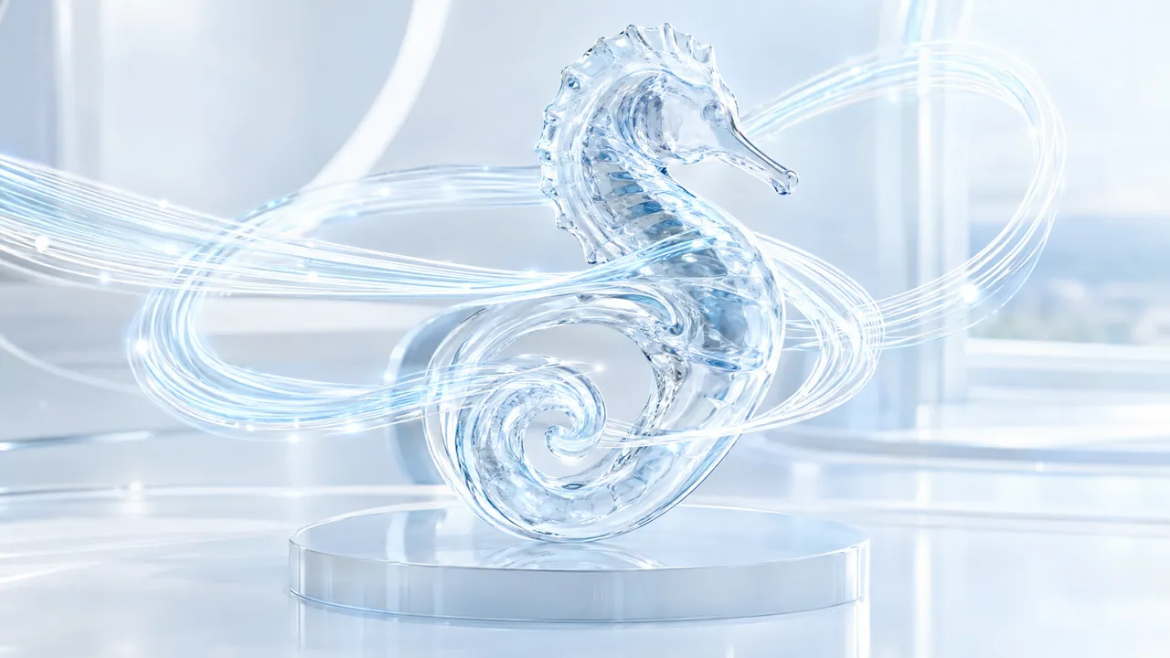 Glass seahorse sculpture on a glass base, surrounded by sweeping bands of light in a bright room
