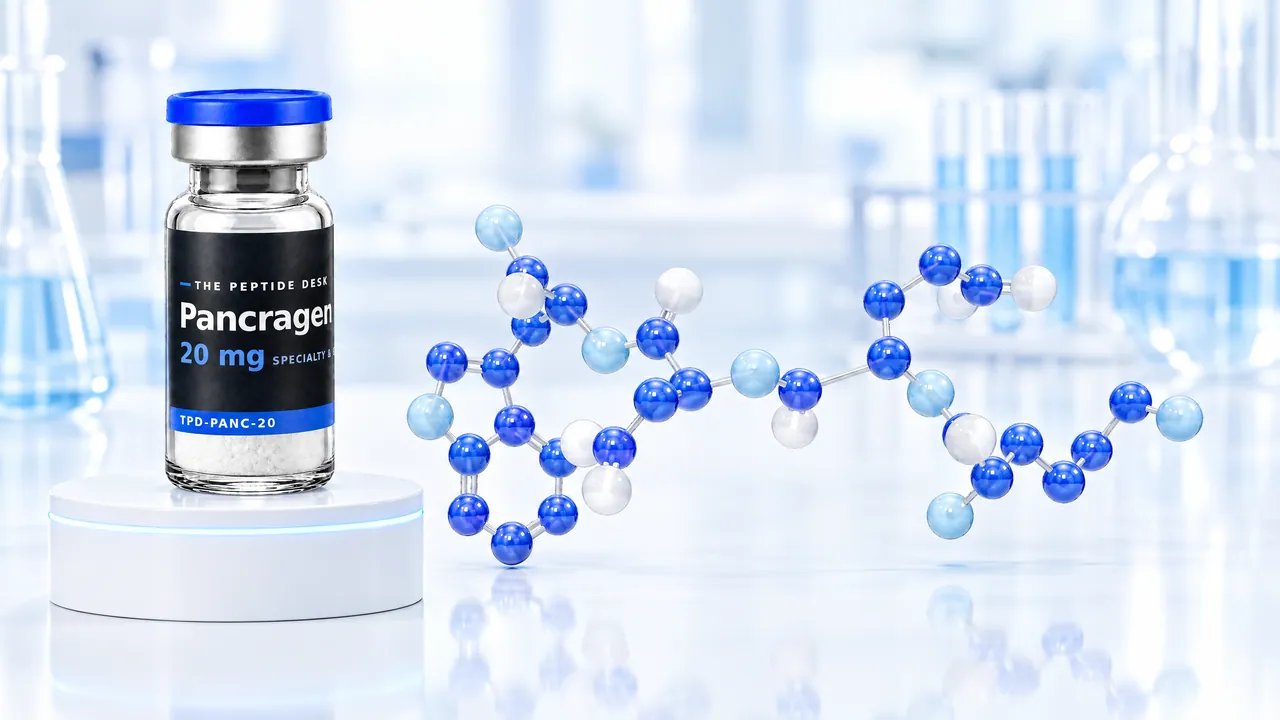 Vial with white powder, a blue cap and a black TPD label for Pancragen on a white podium, next to it a chain of blue and white glass spheres as a molecule model in a bright lab