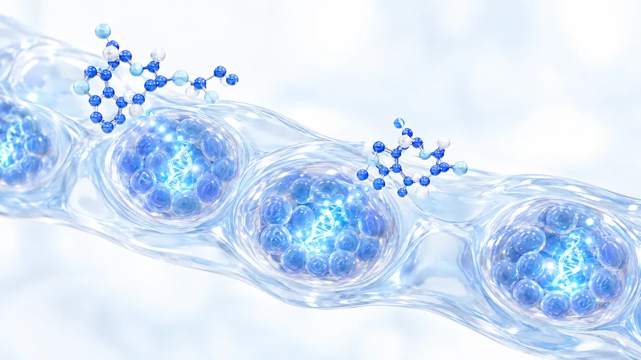 Elongated glass gland with round cell islets in which DNA helices glow, two blue molecules above it
