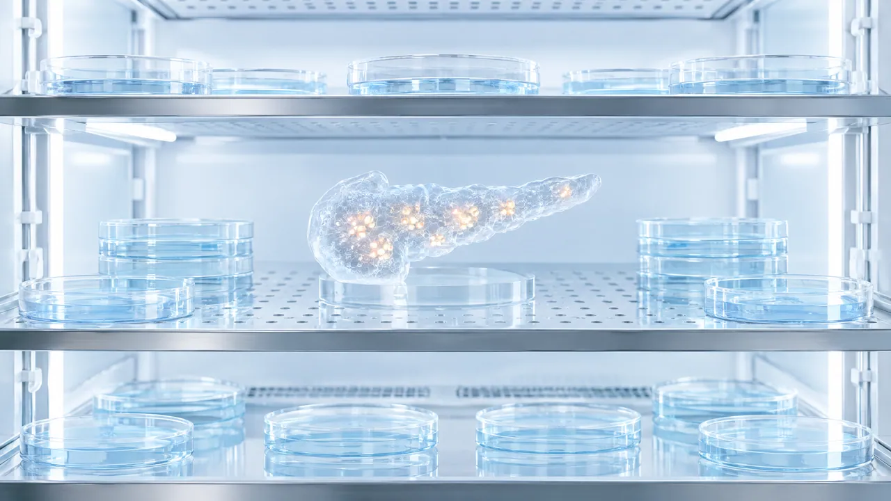 Incubator shelves with petri dishes, a glass pancreas with warmly glowing spots on the middle shelf