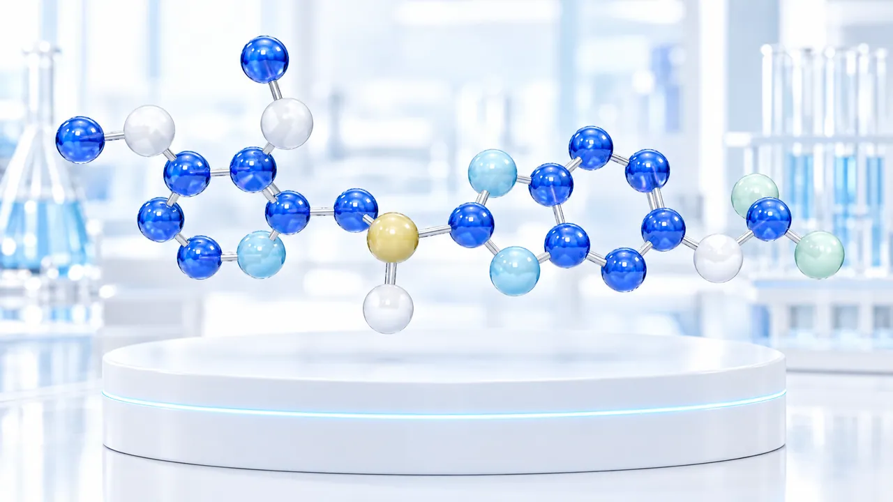 Blue 3D molecule with a yellow sulphur atom above a white podium in a bright lab