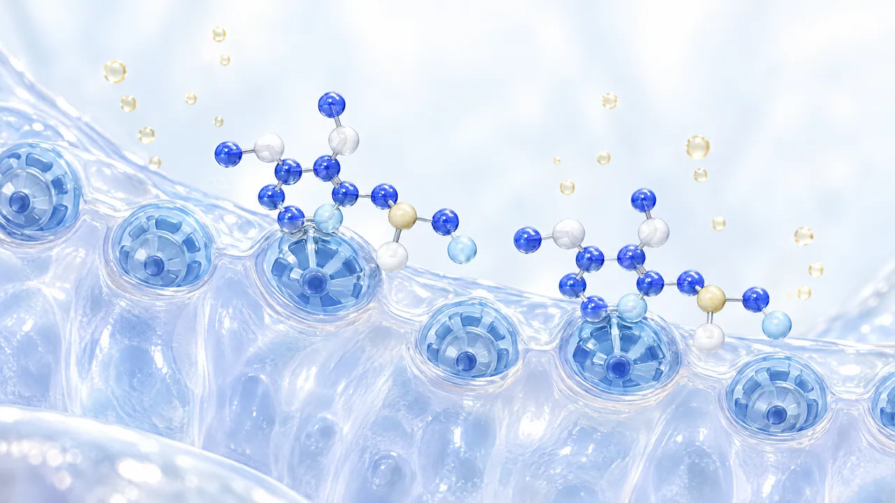 Blue molecules with a yellow atom settling onto round glass pumps in a bright cell layer