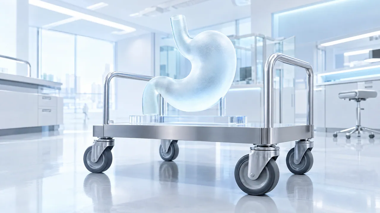 Glass stomach on a stainless steel trolley in a bright clinic room