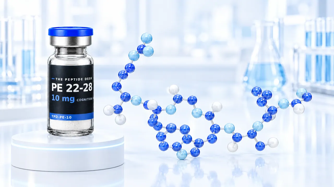 Vial with white powder, a blue cap and a black TPD label for PE 22-28 on a white podium, next to it a chain of blue and white glass spheres as a molecule model in a bright lab