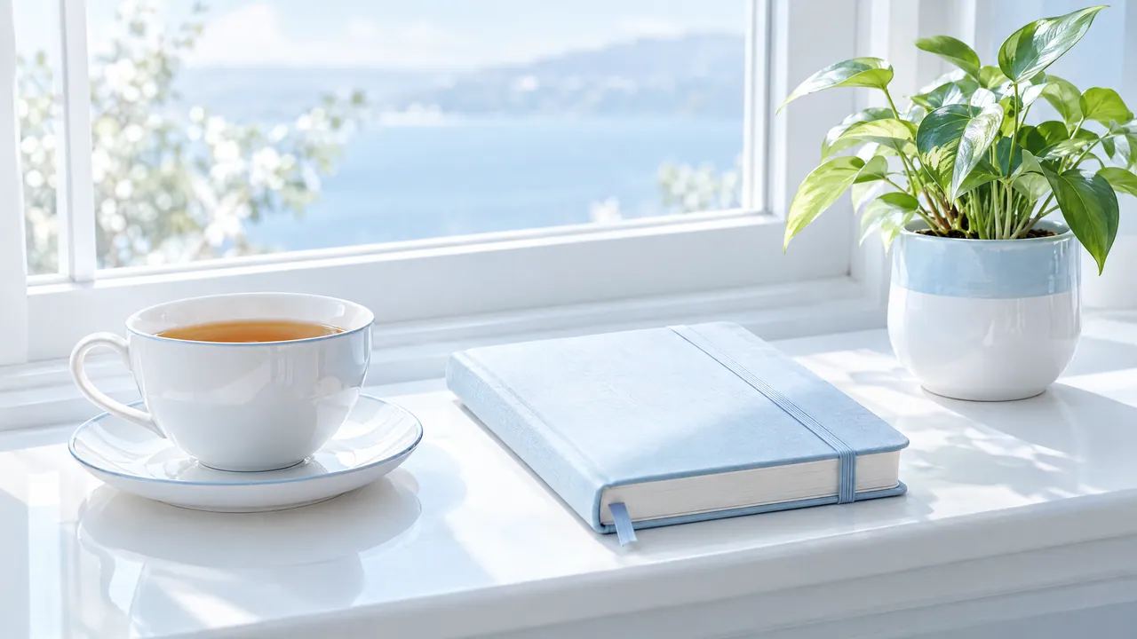 A cup of tea, a light blue notebook and a green plant on a sunny windowsill overlooking the water