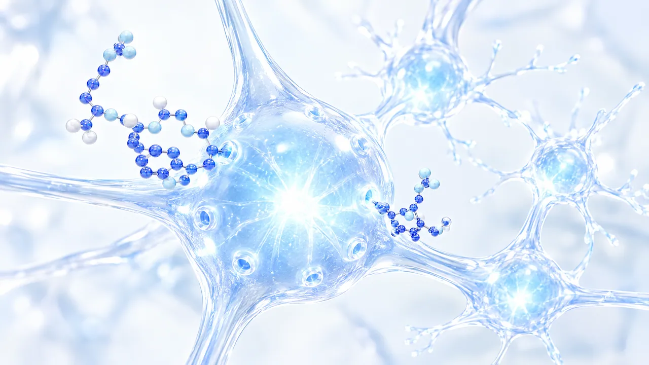 Glowing glass nerve cell with small pores in its wall, two blue molecules docking on, further nerve cells beside it