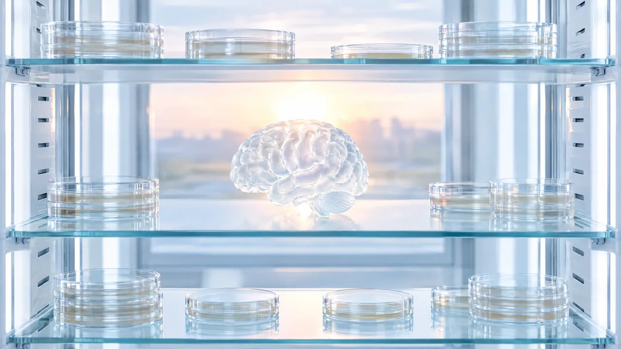 Glass shelves with petri dishes, a glass brain on the middle shelf, lit from behind by evening light