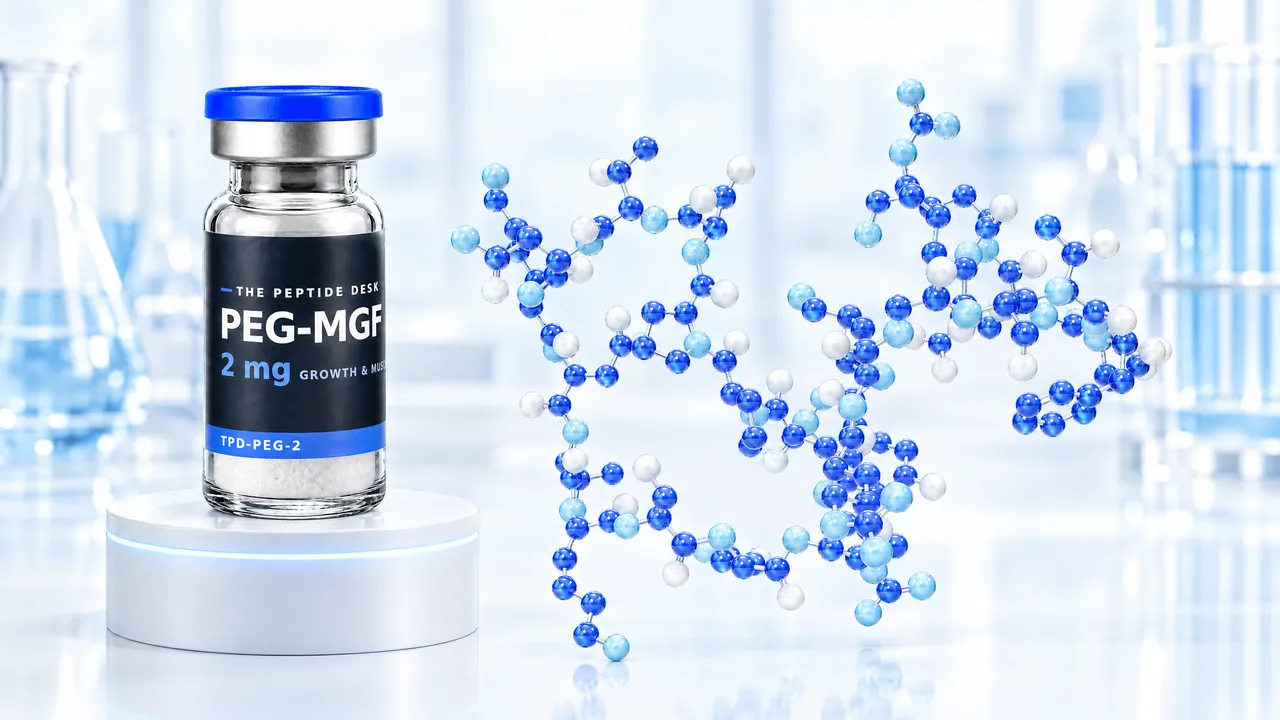 PEG-MGF vial with white powder and the black TPD label on a white podium, next to a large blue 3D molecule model in a bright lab