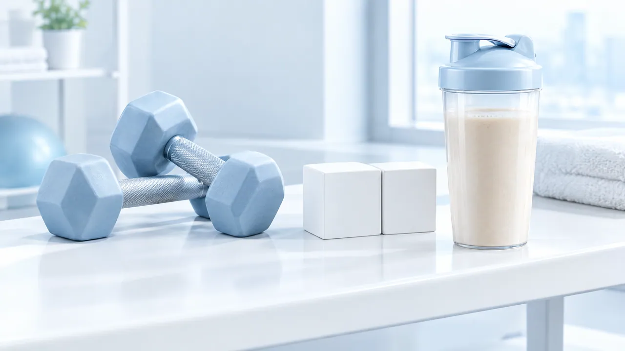 Two light blue dumbbells, two white cubes and a shaker with a protein shake on a white bench in a bright room