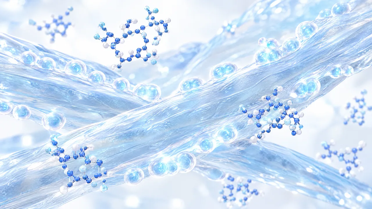 Translucent crossed glass muscle fibres with many small glowing bubbles on their surface, blue 3D molecules floating around them