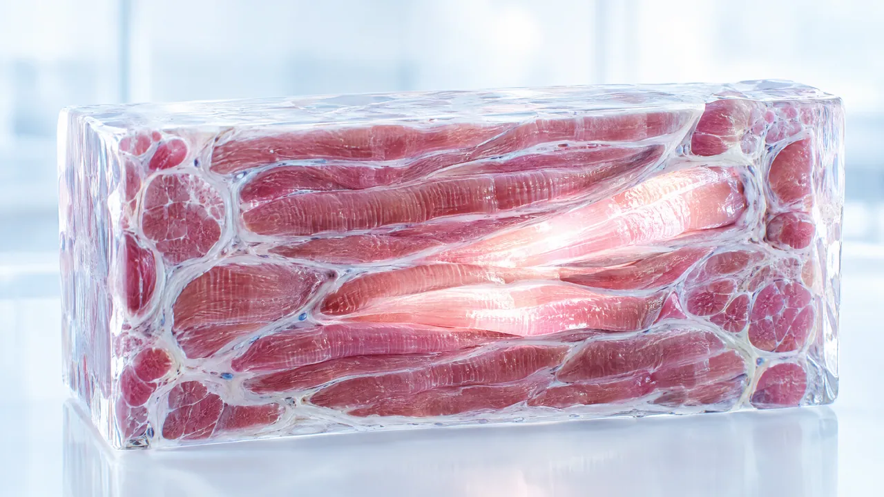 Glass block with embedded muscle tissue in cross-section, a few muscle fibres in the middle glowing brighter than the rest