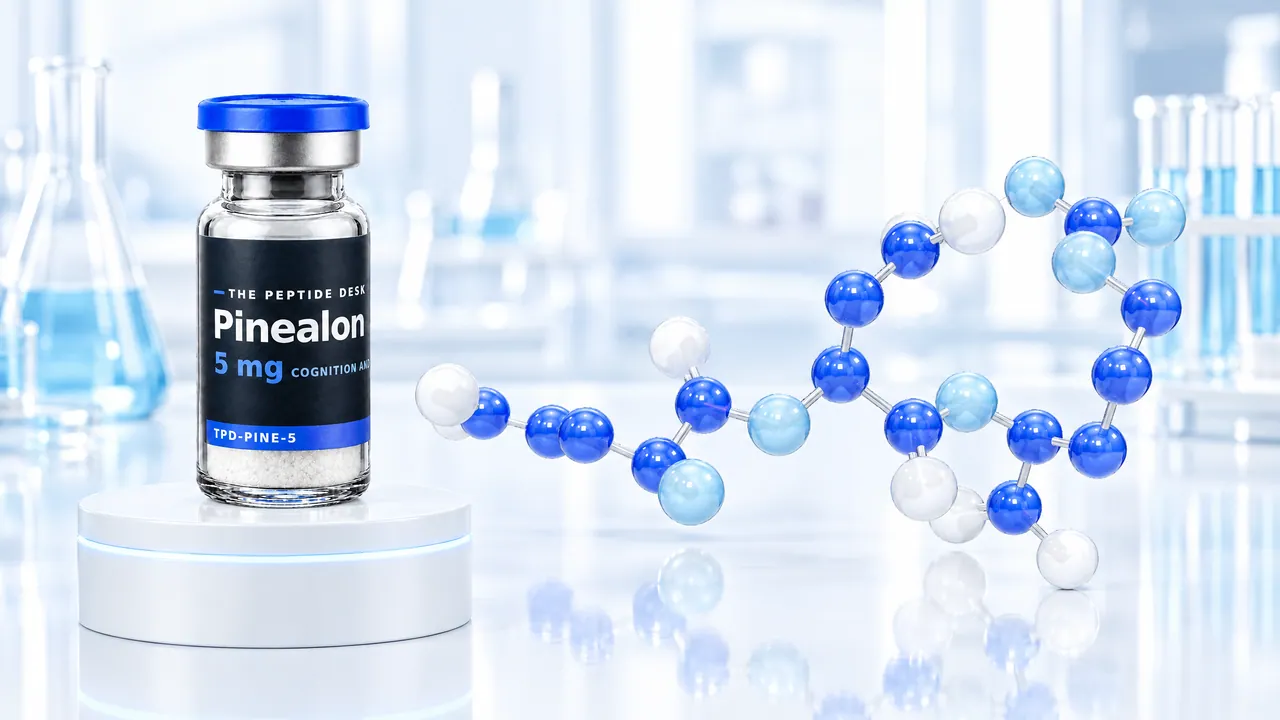Vial with white powder, a blue cap and a black TPD label for Pinealon on a white podium, next to it a chain of blue and white glass spheres as a molecule model in a bright lab