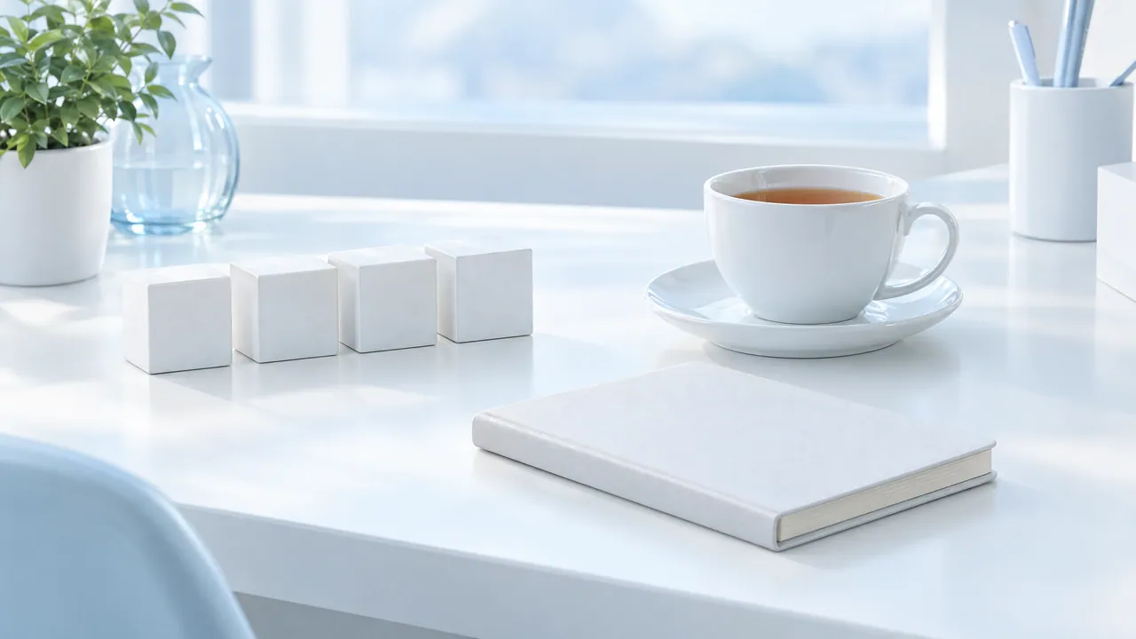 Row of four white cubes, a cup of tea and a closed white notebook on a bright desk, a green plant behind them