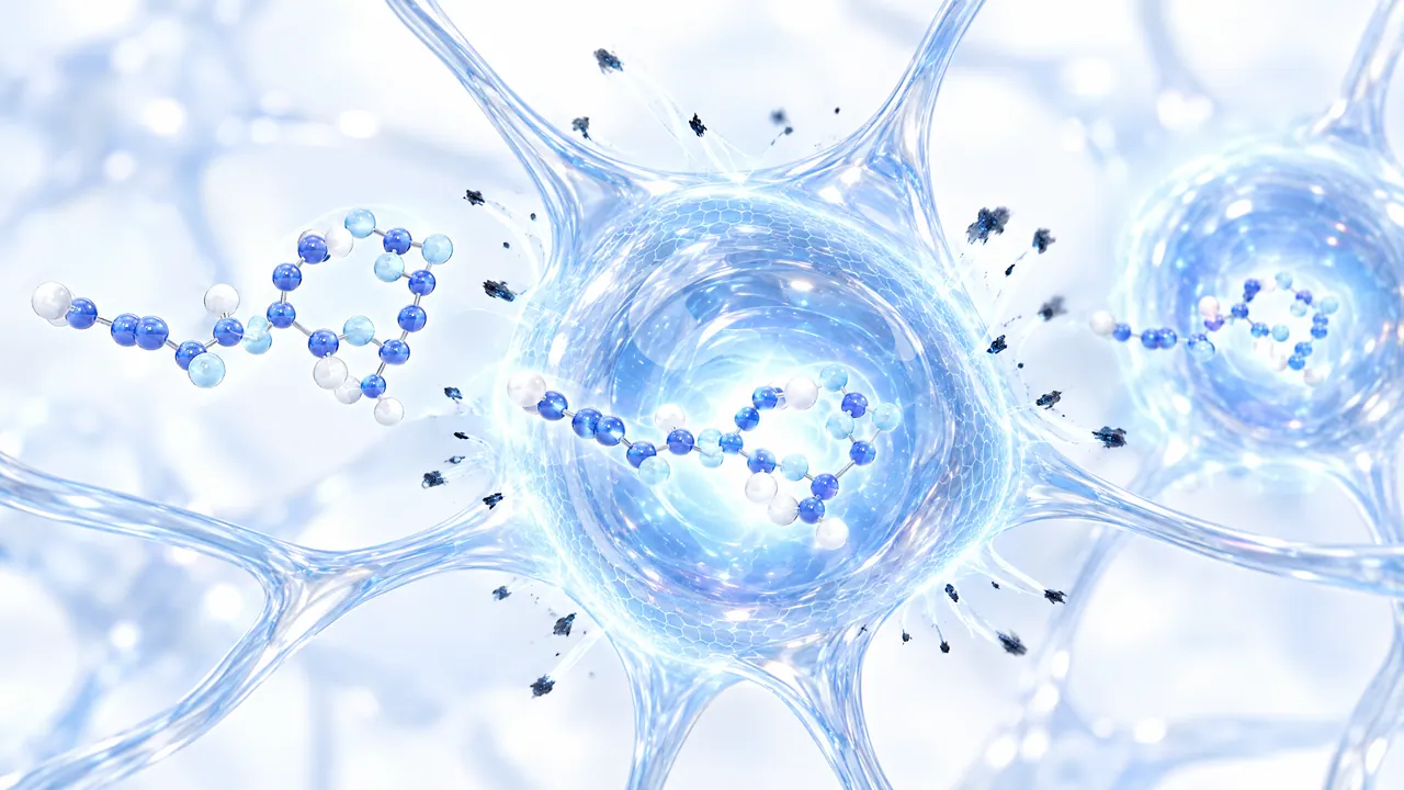 Glass nerve cell with a glowing nucleus, blue molecule chains moving in, dark particles bouncing off all around