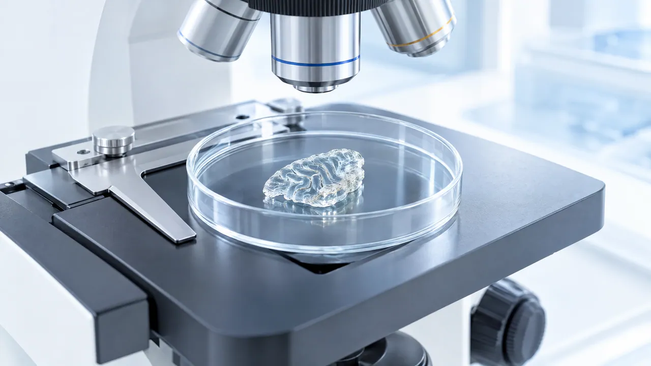 Petri dish with a small piece of glass brain cortex on the stage of a microscope
