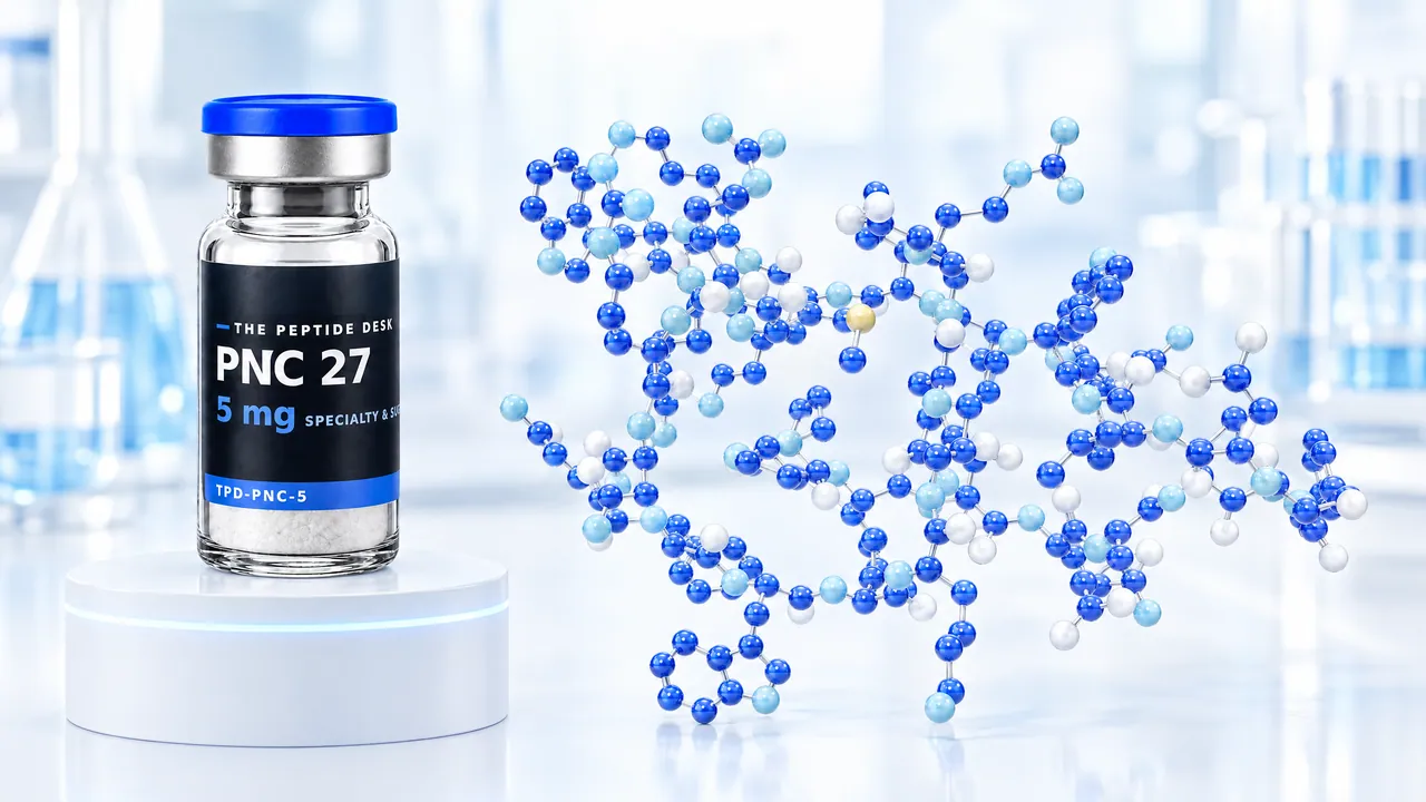 PNC 27 vial with white powder and the black TPD label on a white podium with a glowing ring, next to a large molecule model of blue and white spheres