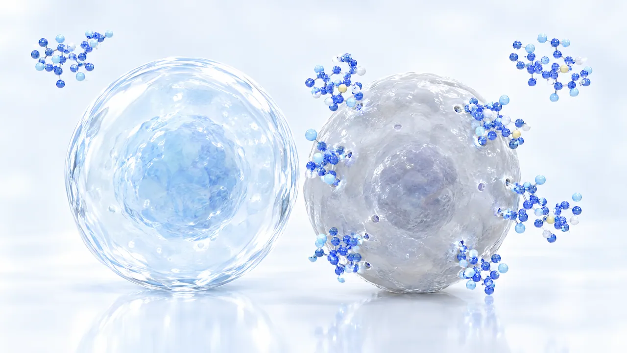 Abstract illustration: a clear glass cell without molecules on the left, a cloudy grey cell on the right with small holes in its envelope where blue molecule models dock