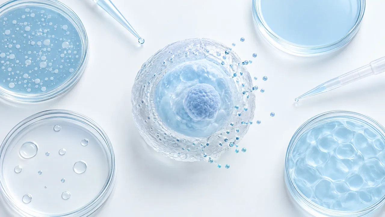 Top view: glass cell model with a nucleus, small blue beads escaping from one side of its envelope, surrounded by four petri dishes and two pipettes