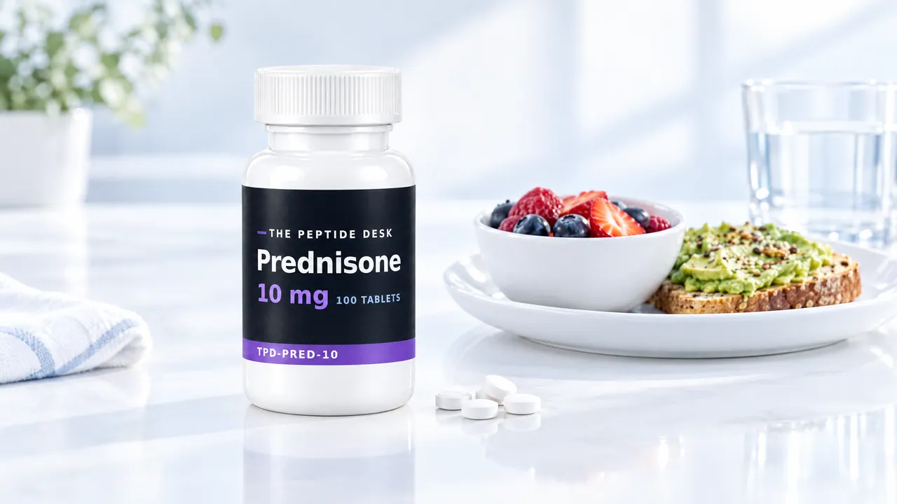 White tablet bottle with a black TPD label for Prednisone, four white tablets in front, breakfast with berries, avocado toast and a glass of water in the background
