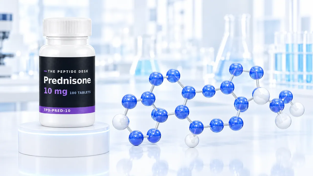 White tablet bottle with a black TPD label for Prednisone on a white podium, next to it a blue 3D steroid molecule in a bright lab