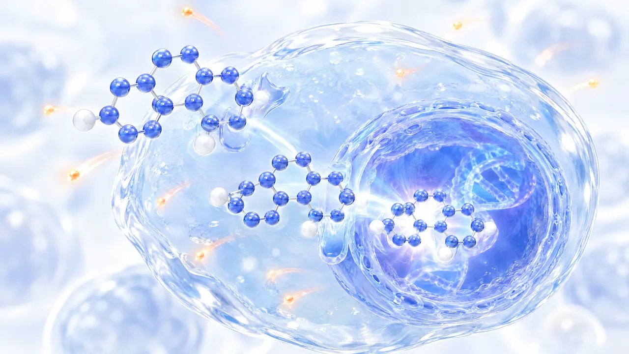 Blue steroid molecules travelling through a glass cell to its nucleus, surrounded by small orange points of light