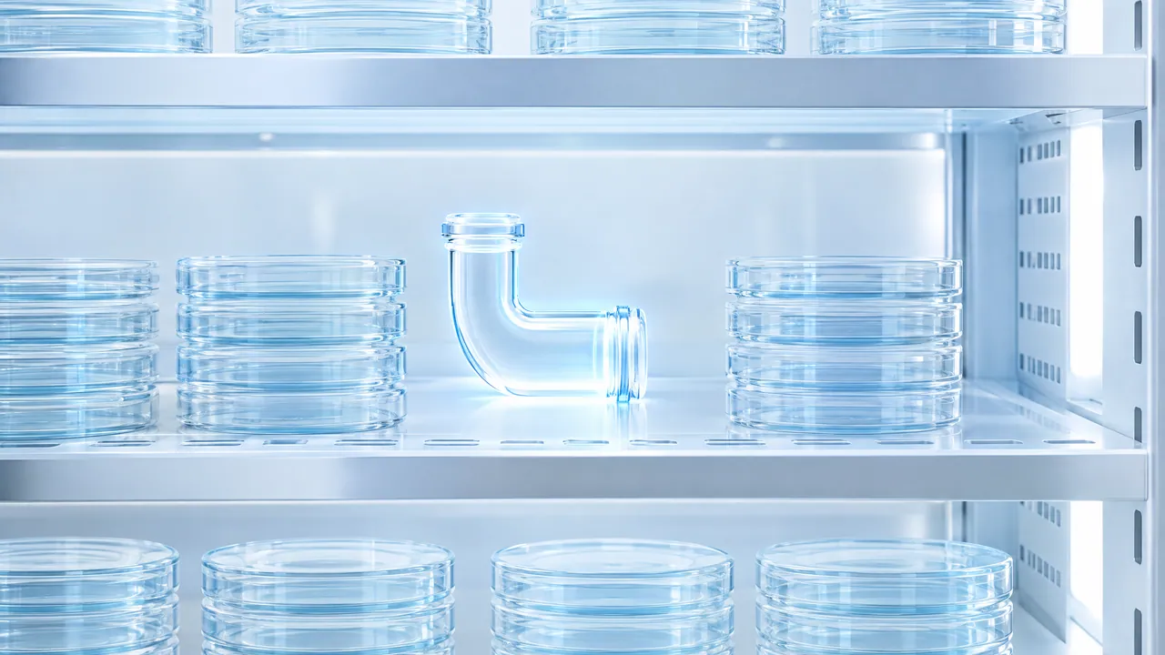 Bent glass tube like a piece of airway on a bright lab shelf between stacked Petri dishes