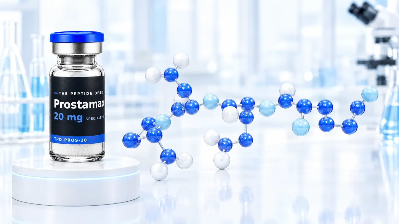 Prostamax vial with white powder and the black TPD label on a white podium with a glowing ring, next to a short molecule model of blue and white spheres, a microscope in the background