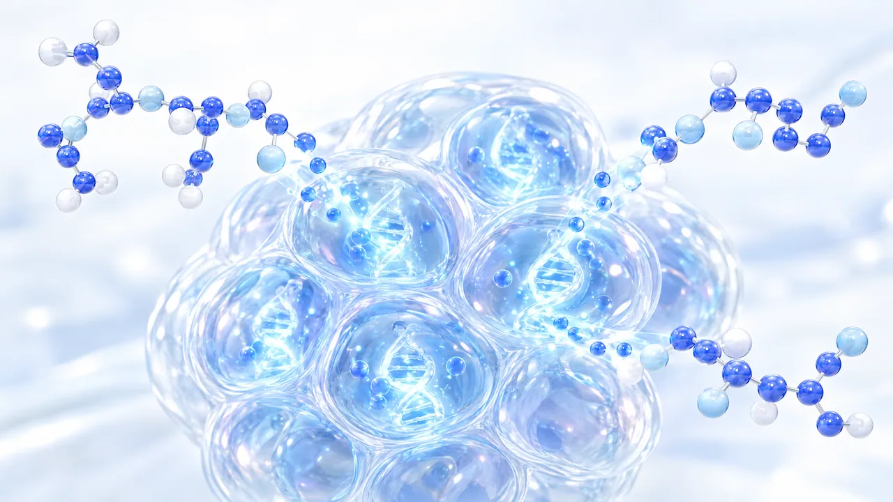 Cluster of glass cells each holding a glowing DNA double helix, small blue beads streaming into the cells from three molecule models at the edges