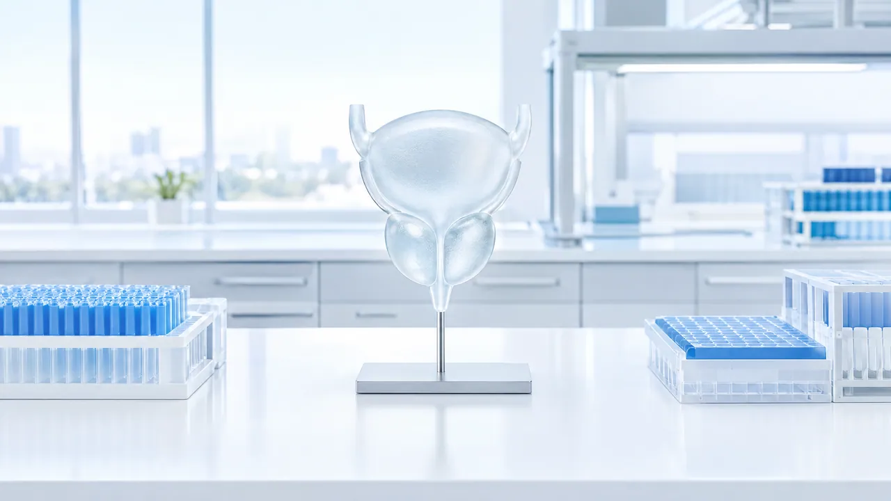 Frosted glass model of the bladder and prostate on a metal stand, on a white lab bench between racks of blue sample tubes