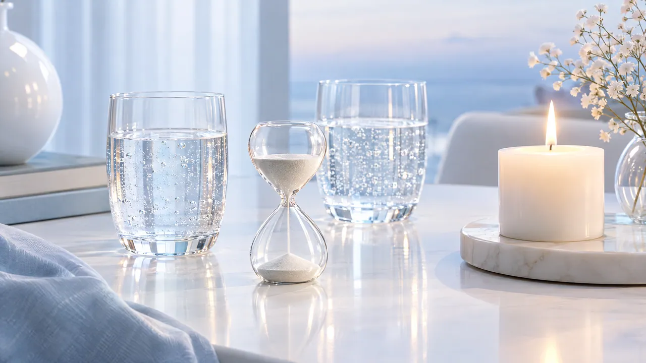 Two glasses of sparkling water, an hourglass, a lit white candle and flowers on a light table by the window