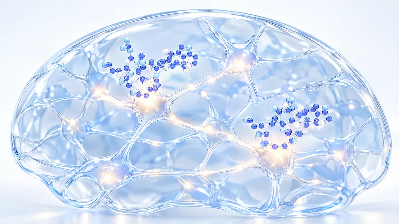 Transparent glass structure with branching pathways and bright nodes, blue molecule chains docking at two points
