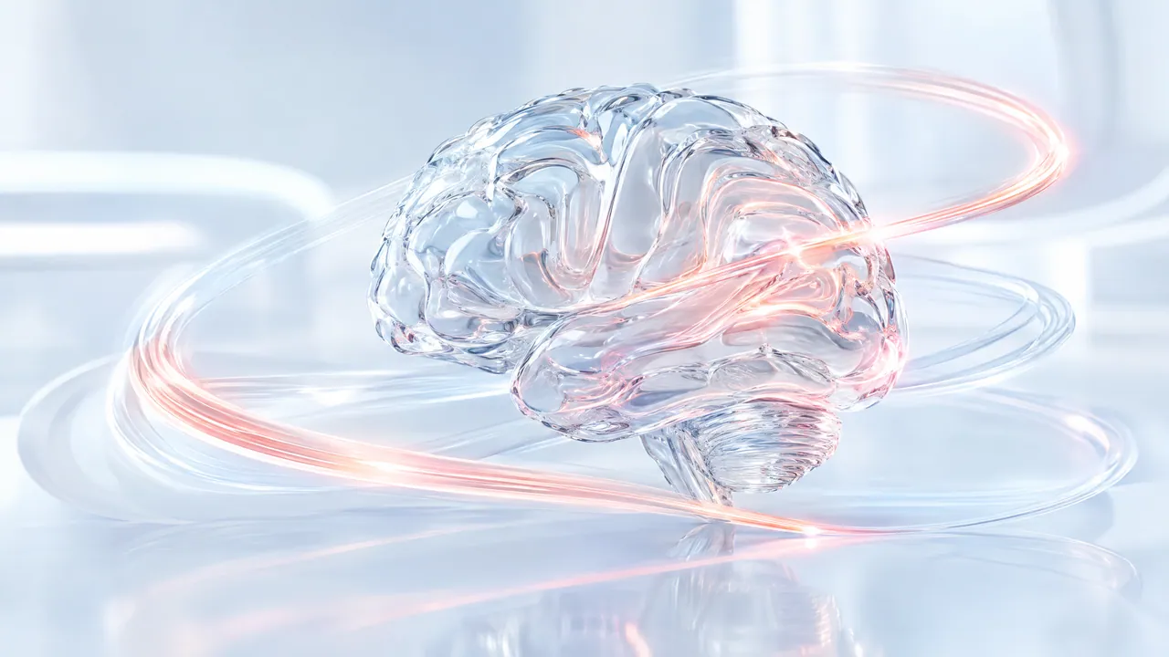 Clear glass brain on a bright surface, circled by a glowing pink light trail