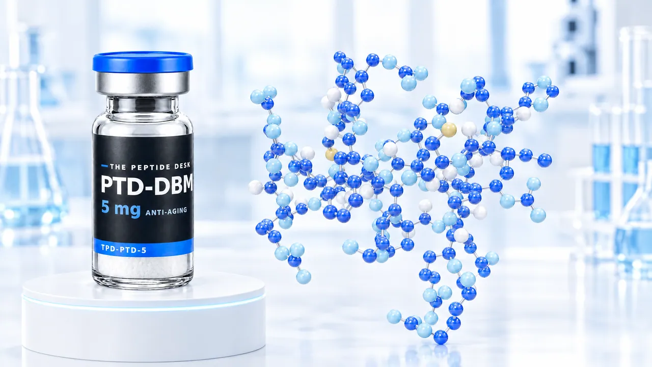 PTD-DBM vial with white powder and the black TPD label on a white podium with a glowing ring, next to a large molecule model of blue and white spheres in a bright lab