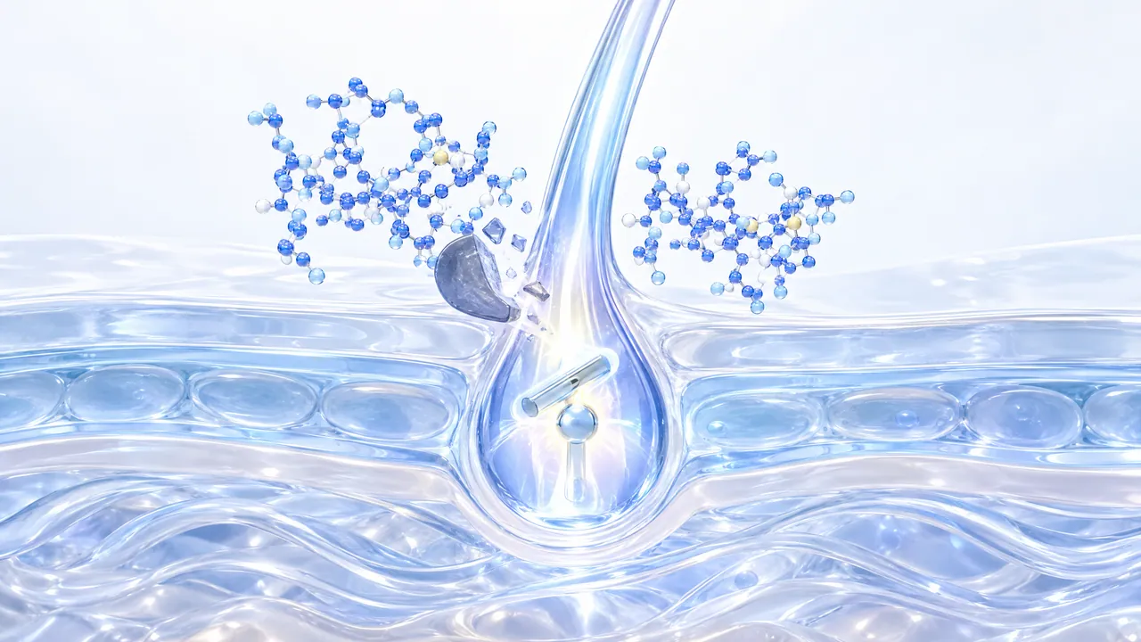 Cross-section of glass skin layers with a hair root in which a switch lights up brightly, next to it a dark block breaks apart while blue molecule models float above the skin