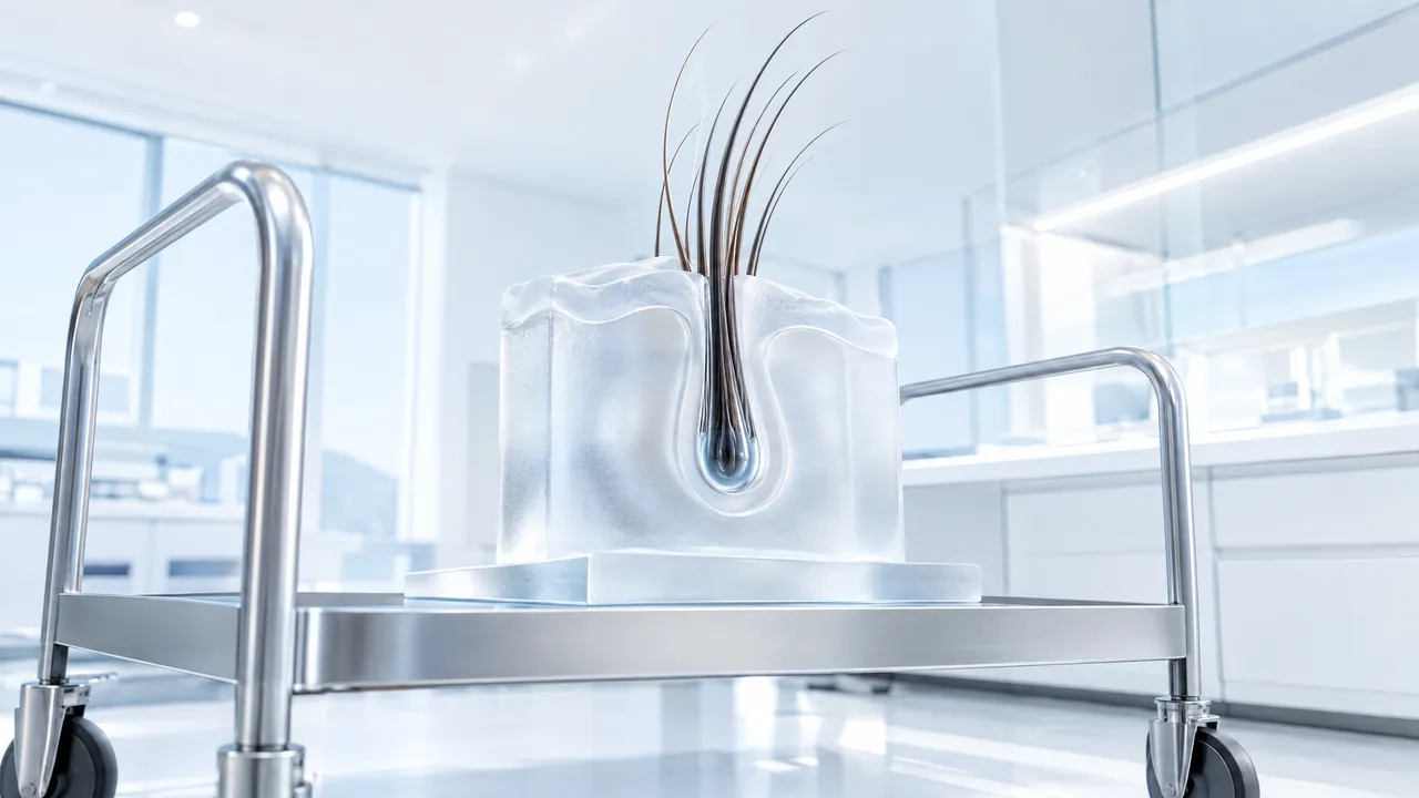 Frosted glass skin block with a hair root growing dark hairs, on a stainless steel lab cart in a bright lab, seen from below