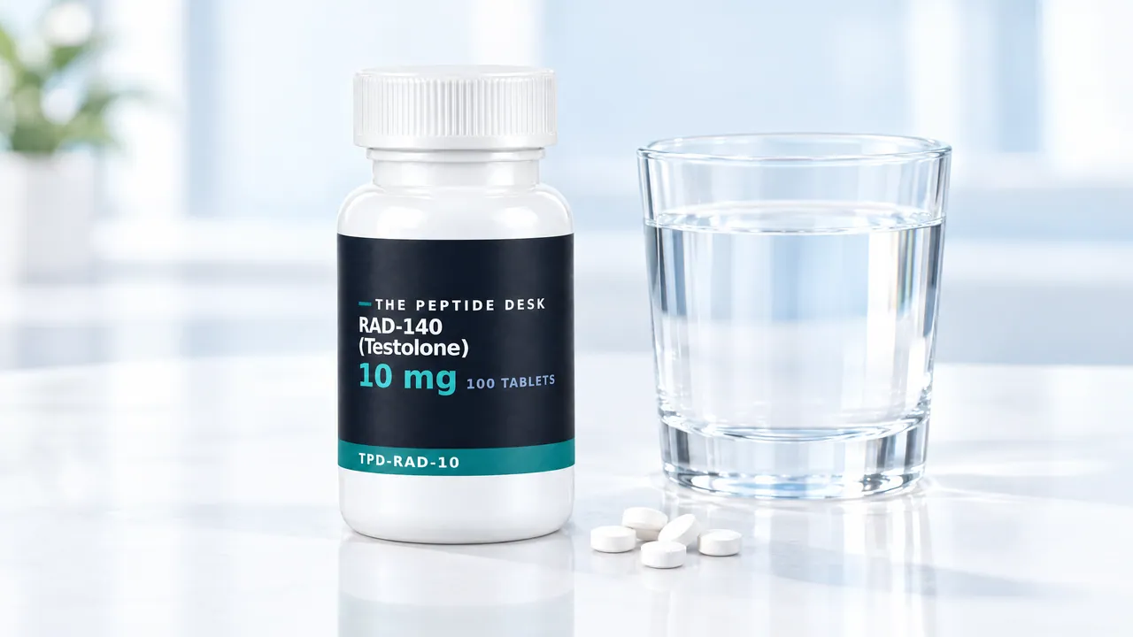 White tablet bottle with a dark The Peptide Desk label for RAD-140 next to a glass of water, six white tablets in front on a bright table