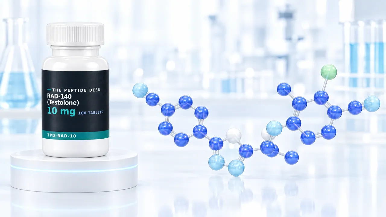 White tablet bottle with a dark The Peptide Desk label for RAD-140 on a white podium, next to it a large molecule model of blue, light blue and white spheres with one green sphere in a bright lab