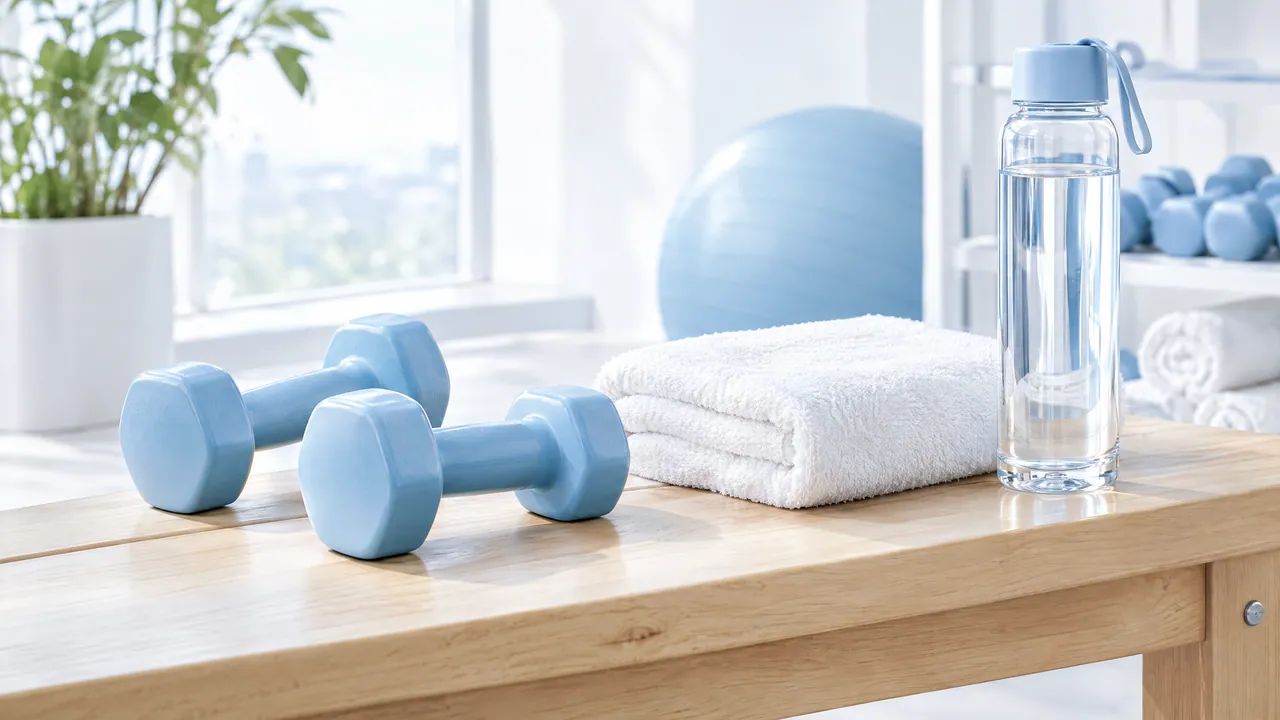 Two light blue dumbbells, a folded white towel and a water bottle on a wooden bench in a bright training room, a blue exercise ball behind
